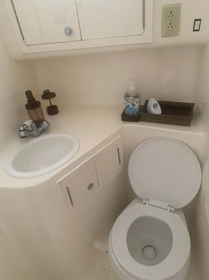 Slide: The Image of 2003 Carolina Classic Express boat bathroom with sink and toilet. - 44