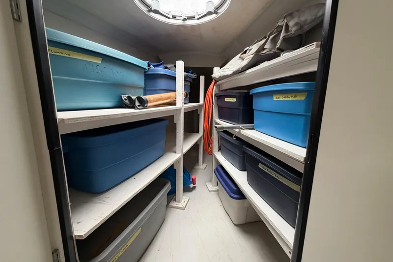 Slide: The Image of Storage area on 2009 Fountaine Pajot Orana 44 with labeled bins and shelves. - 18