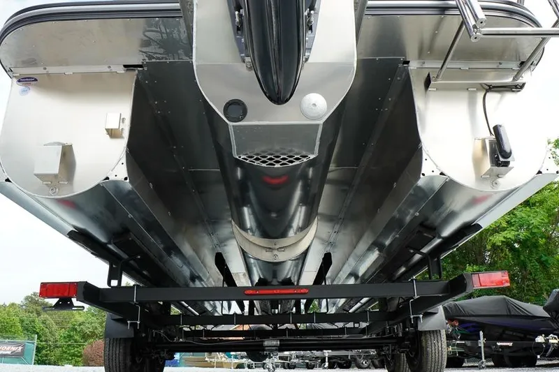 Slide: The Image of Underneath view of 2026 SunCatcher Fusion 324RC pontoon boat on trailer. - 9