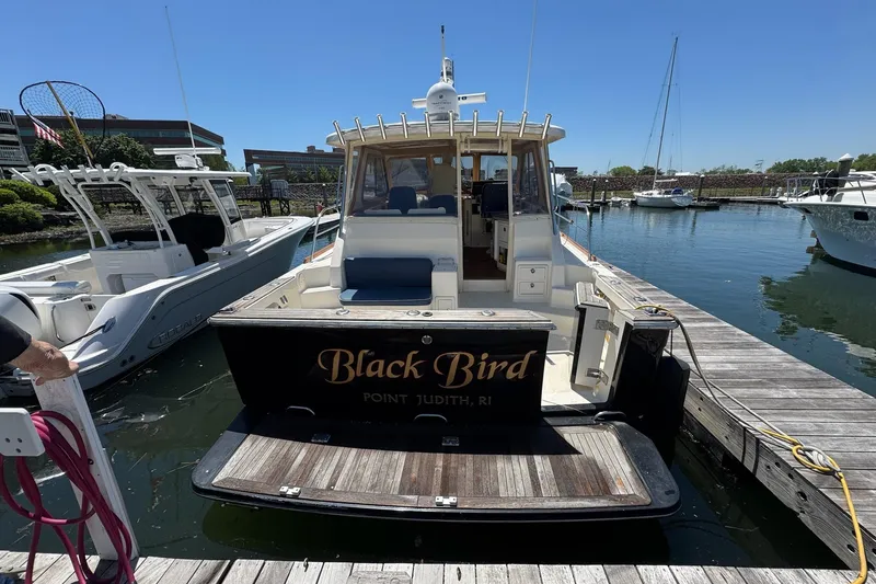 Slide: The Image of 2006 Sabre 38 Salon Express boat named "Black Bird" docked at marina. - 10