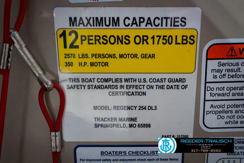 Slide: The Image of Capacity label for 2018 Regency 254 DL3 boat, 12 persons or 1750 lbs. - 68