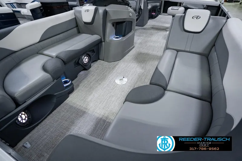 Slide: The Image of Interior of 2025 Avalon 2385 LSZ ENT pontoon boat with gray seating and modern design. - 13