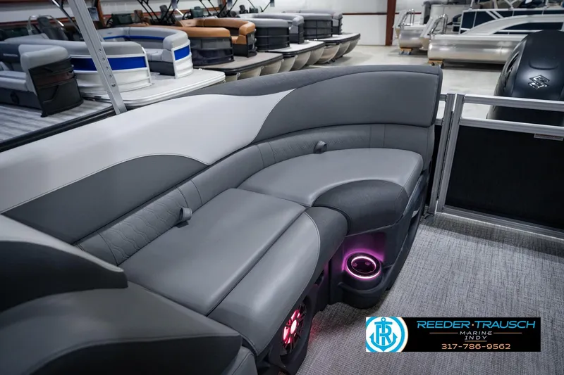 Slide: The Image of Luxurious seating on 2025 Avalon 2385 LSZ ENT pontoon boat with ambient lighting. - 33