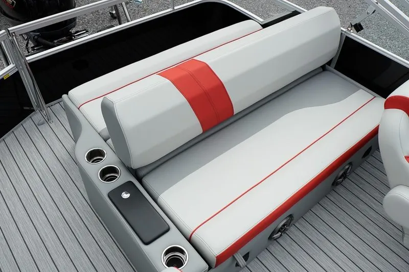Slide: The Image of Luxury seating on 2026 SunCatcher Select 322SL boat with cup holders and sleek design. - 32