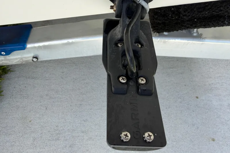 Slide: The Image of Garmin transducer mounted on 2023 Tidewater 198 CC Adventure boat trailer. - 8