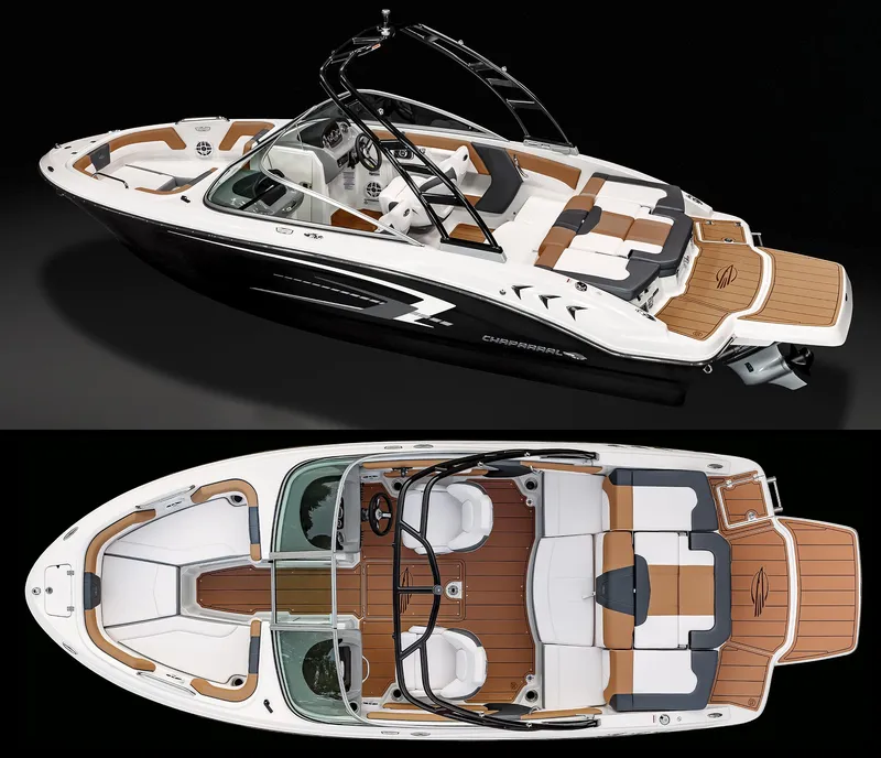 Slide: The Image of 2025 Chaparral 21 SSi boat, sleek design, luxurious seating, top and side views. - 10