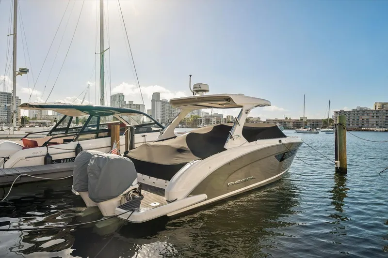 Slide: The Image of 2019 Regal 33 OBX boat docked in a marina with city skyline background. - 31