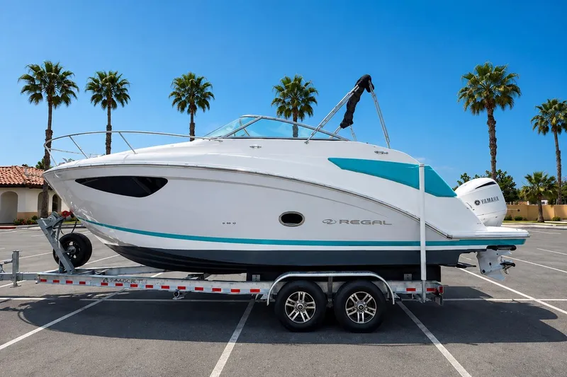 The Image of 2019 Regal 26 XO boat on trailer in sunny parking lot with palm trees. - 1