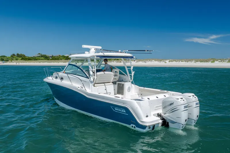 Slide: The Image of 2017 Boston Whaler 315 Conquest boat cruising on clear blue water near a sandy beach. - 4