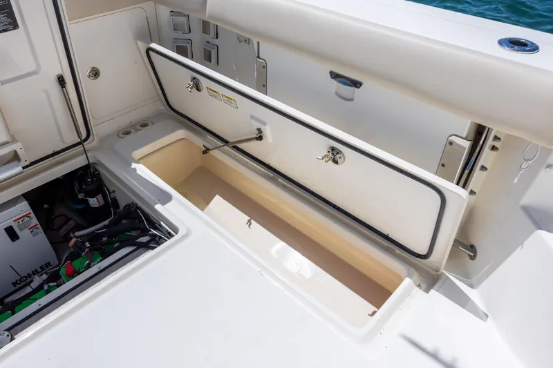 Slide: The Image of 2017 Boston Whaler 315 Conquest boat storage compartment and equipment area. - 42