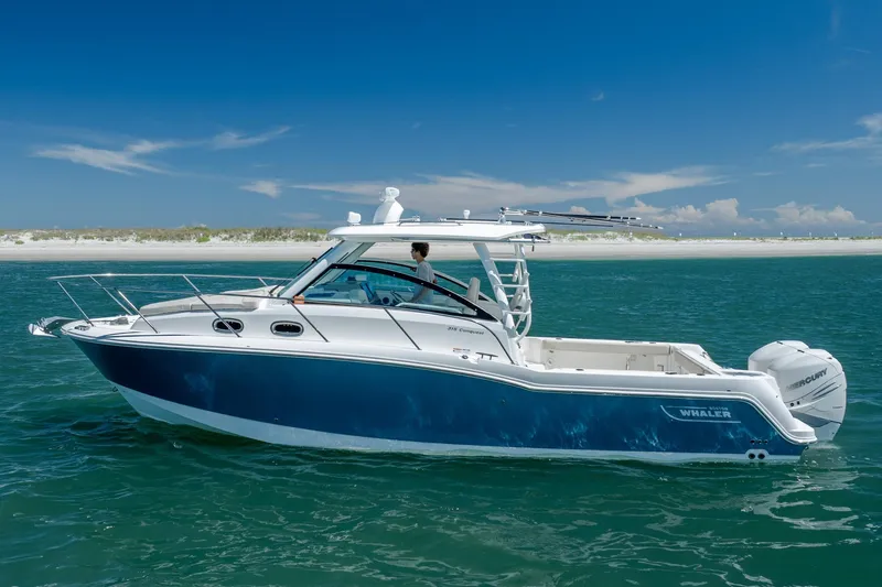 Slide: The Image of 2017 Boston Whaler 315 Conquest boat cruising on clear blue water near a sandy beach. - 5