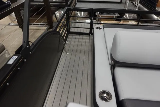 Slide: The Image of Interior of Flagship Pontoons D22 B XT 2025 with gray seating. - 14