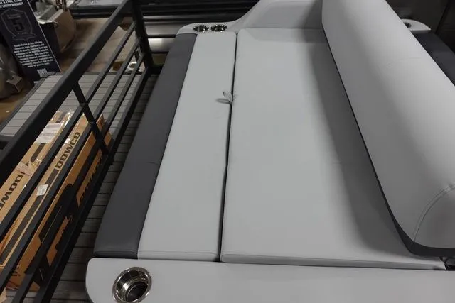 Slide: The Image of Interior of Flagship Pontoons D22 B XT 2025 with gray upholstery. - 15