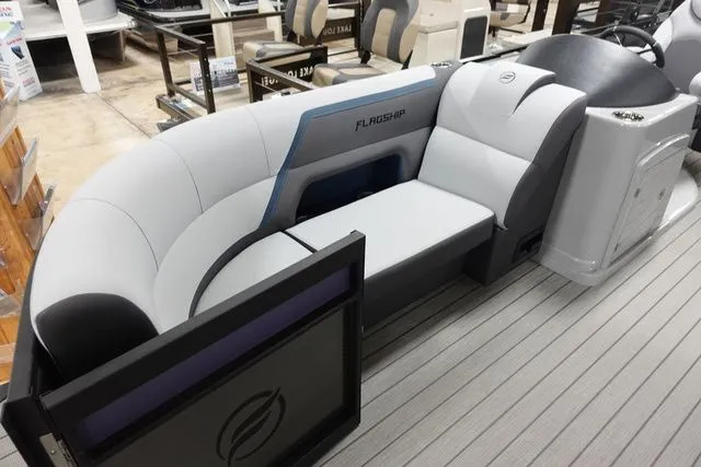 Slide: The Image of Interior of 2025 Flagship Pontoons D22 B XT with luxurious seating. - 5