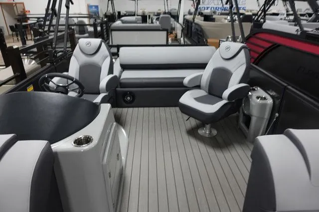 Slide: The Image of Interior of 2025 Flagship Pontoons D22 B XT with gray seating. - 7