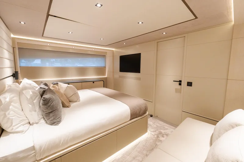 Slide: The Image of Luxurious interior cabin of 2025 Wajer 77 yacht with modern design and cozy bedding. - 4