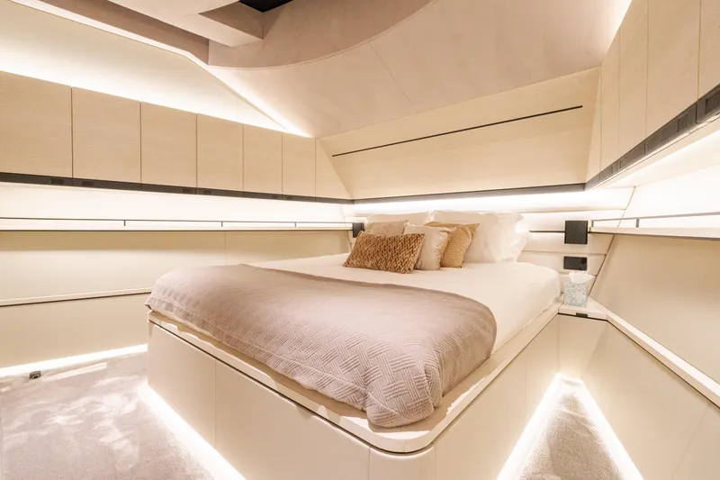 Slide: The Image of Luxurious bedroom interior of 2025 Wajer 77 yacht with modern lighting and elegant design. - 7