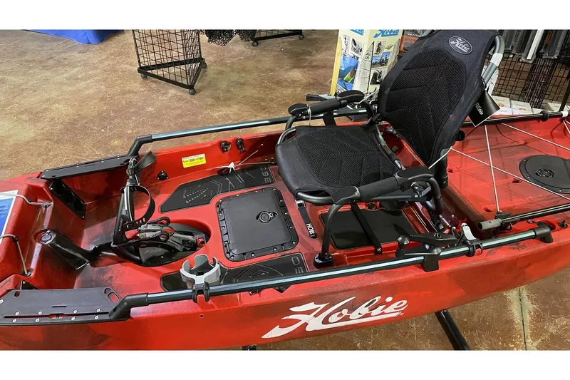 Slide: The Image of 2022 Hobie Pro Angler 14 360 Ike kayak in red, side view. - 4