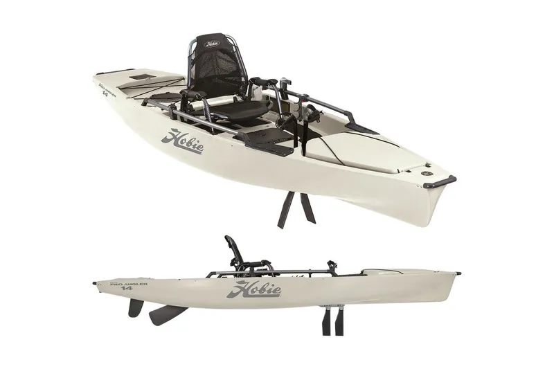 The Image of 2023 Hobie Mirage Pro Angler 14 kayak, side and front view. - 1