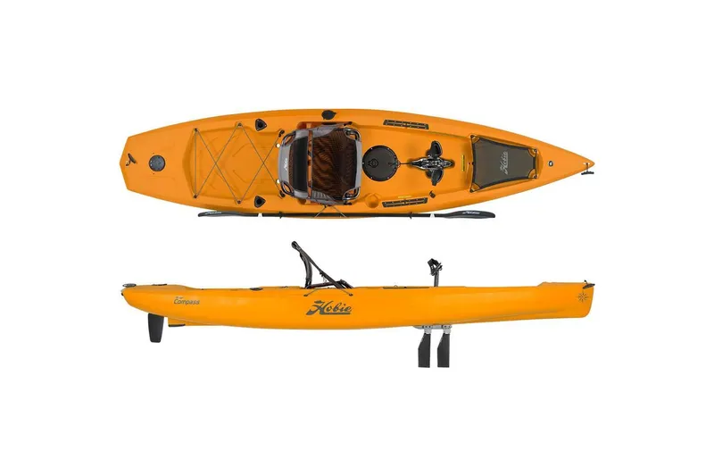Slide: The Image of 2022 Hobie Mirage Compass kayak in vibrant orange, top and side view. - 3