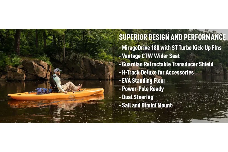 The Image of 2023 Hobie Mirage Outback kayak on calm river with features listed. - 1