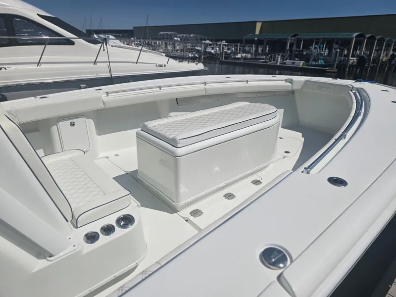 Slide: The Image of Interior view of a 2017 Yellowfin 39 Offshore boat in harbor. - 8