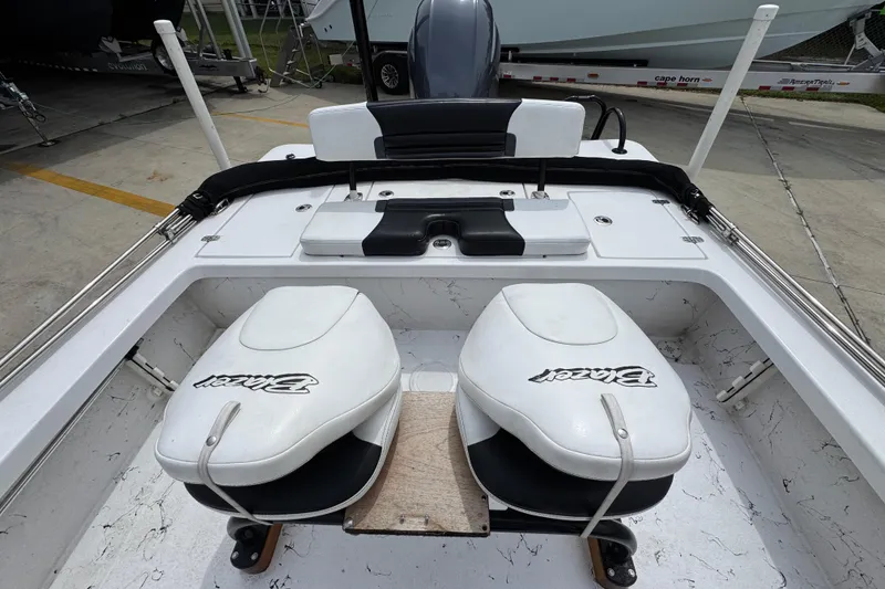 Slide: The Image of 2021 Blazer Bay 2220 GTS boat interior with dual white seats and motor view. - 25