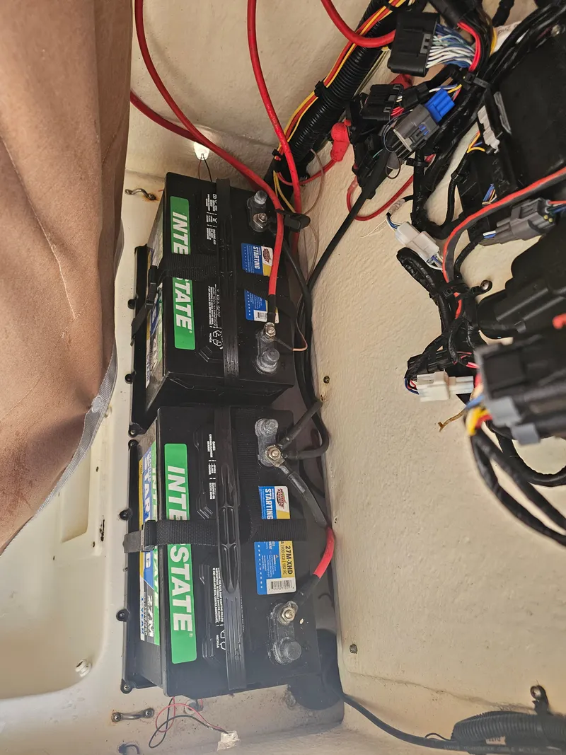Slide: The Image of Batteries and wiring in Key West 239 FS boat, 2024 model. - 21