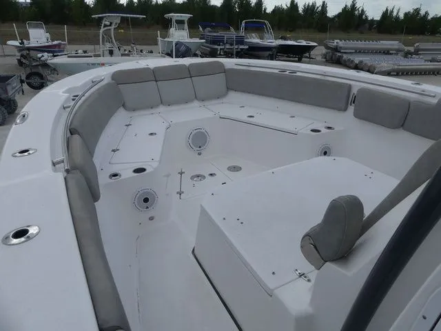 Slide: The Image of Interior view of 2021 Sea Fox 328 Commander with gray upholstery. - 11