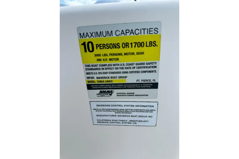 Slide: The Image of Capacity label for 2021 Cobia 240 Center Console, 10 persons or 1700 lbs. - 98