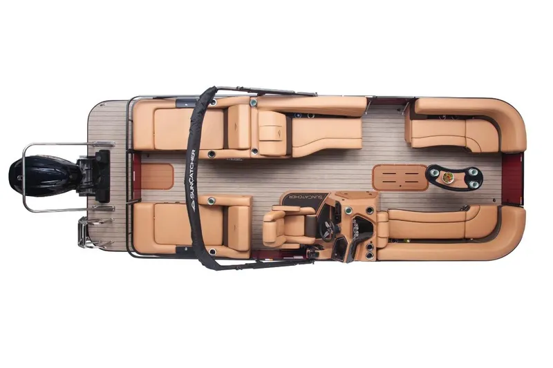 Slide: The Image of Manufacturer Provided Image: 2026 SunCatcher Fusion 324SS pontoon boat, top view, luxurious seating, modern design. - 1