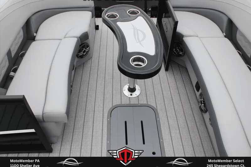 Slide: The Image of Interior of 2026 SunCatcher Fusion 324SS boat with sleek seating and modern table design. - 15