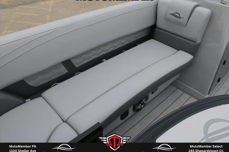 Slide: The Image of 2026 SunCatcher Fusion 324SS boat interior with sleek gray seating and modern design. - 17