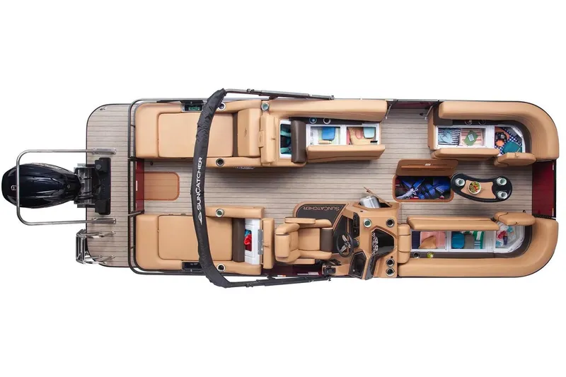 Slide: The Image of Manufacturer Provided Image: 2026 SunCatcher Fusion 324SS pontoon boat, top view, showcasing spacious seating and modern design. - 2