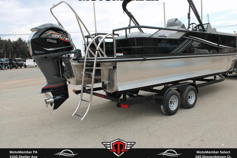 Slide: The Image of 2026 SunCatcher Fusion 324SS pontoon boat on trailer with Yamaha outboard motor. - 4