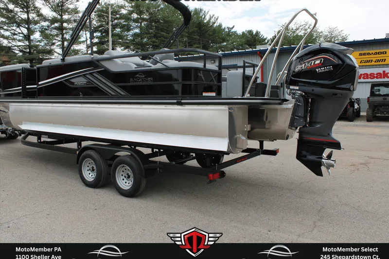 Slide: The Image of 2026 SunCatcher Fusion 324SS pontoon boat on trailer with Yamaha outboard motor. - 6
