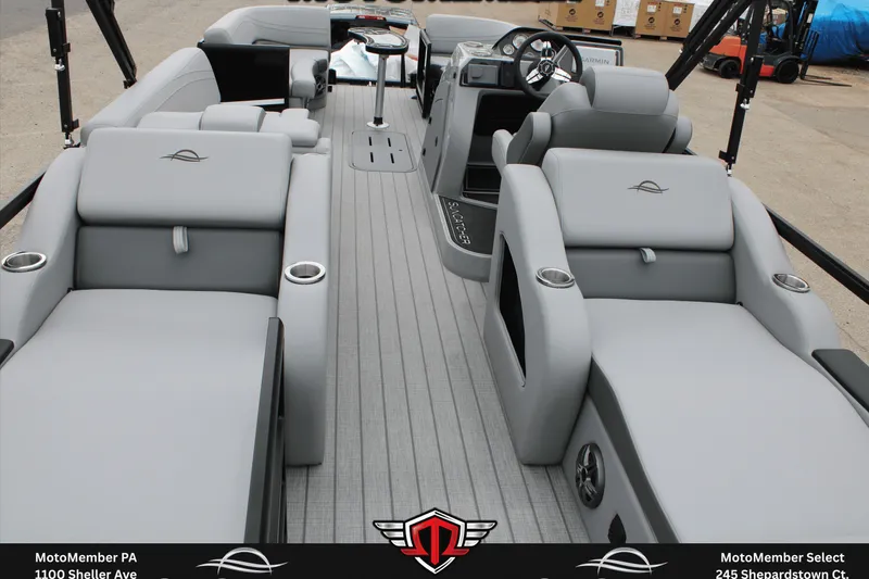 Slide: The Image of Luxurious interior of 2026 SunCatcher Fusion 324SS pontoon boat with plush seating and modern design. - 9