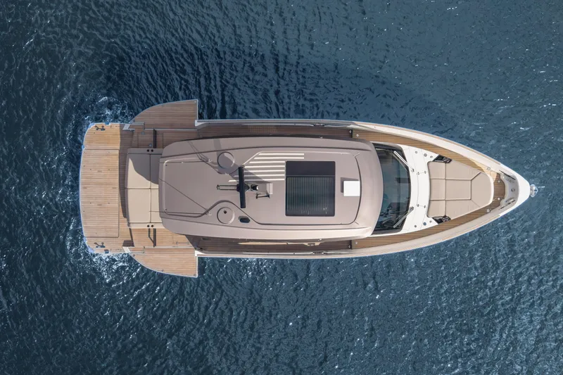 Slide: The Image of Overhead view of 2025 Azimut Seadeck 6 yacht cruising on open water. - 19