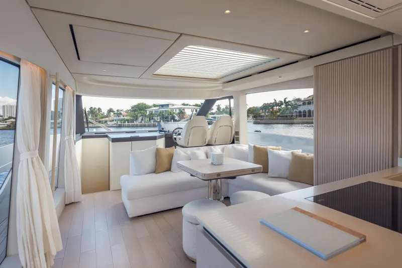 Slide: The Image of Luxurious interior of 2025 Azimut Seadeck 6 yacht with modern seating and panoramic windows. - 6