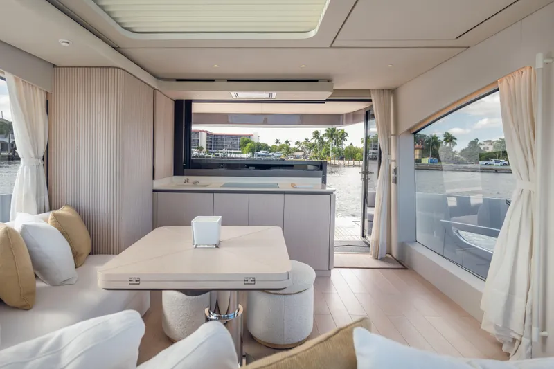 Slide: The Image of Luxurious interior of 2025 Azimut Seadeck 6 yacht with elegant seating and panoramic windows. - 8