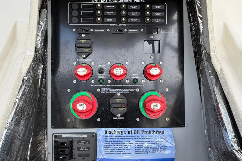 Slide: The Image of Battery management panel on a 2005 Meridian 411 Sedan boat. - 26