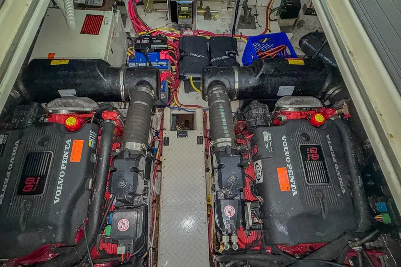 Slide: The Image of Engine room of 2005 Cruisers Yachts 370 Express with dual Volvo Penta engines. - 67