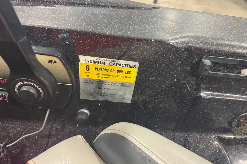 Slide: The Image of 2002 Tracker Targa 2000 boat capacity label, showing maximum 6 persons or 900 lbs. - 7
