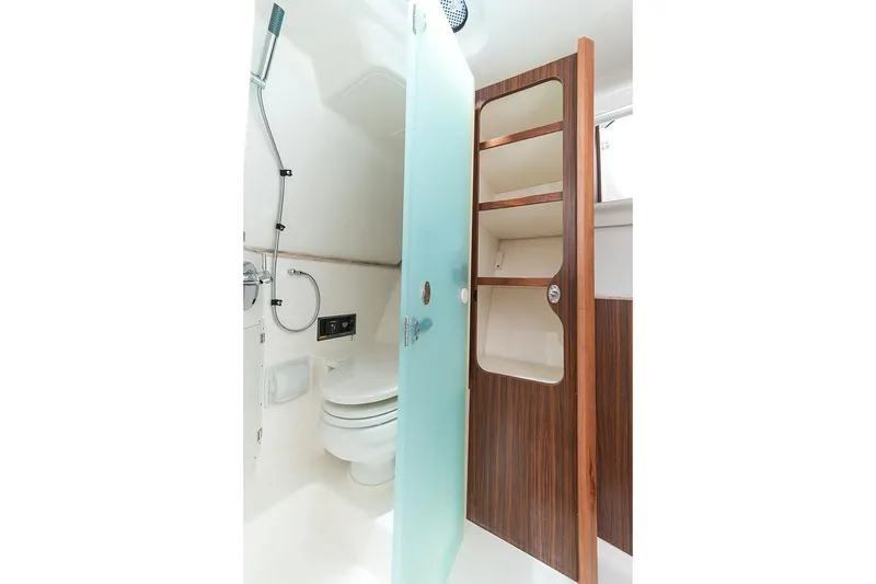 Slide: The Image of Manufacturer Provided Image: 2021 Pursuit DC 365 Dual Console bathroom with shower and storage shelves. - 24