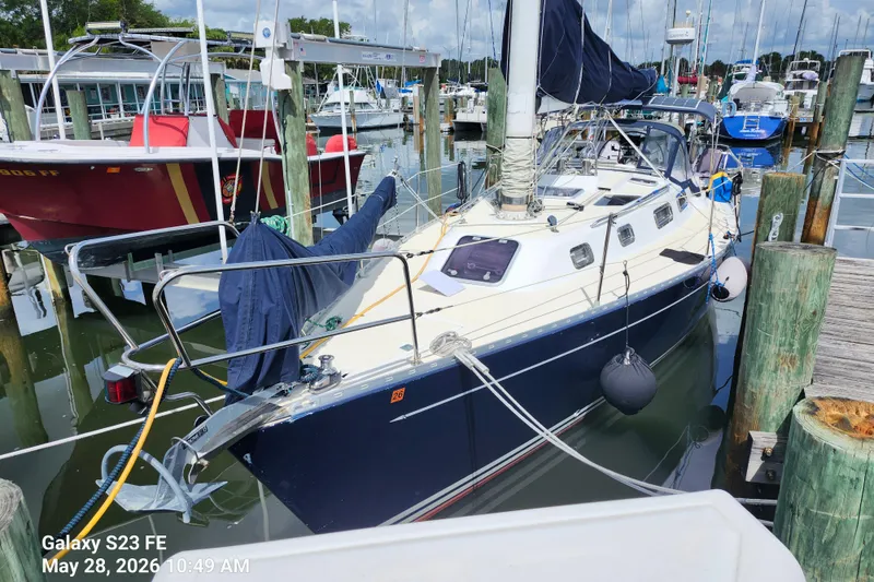 The Image of Sailboat Freedom 35, 1995 model, docked at marina with other boats. - 0