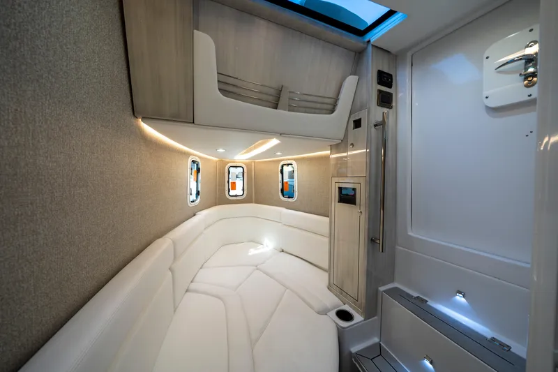 Slide: The Image of Luxurious interior cabin of 2027 HCB 42 Lujo boat with modern seating and ambient lighting. - 51
