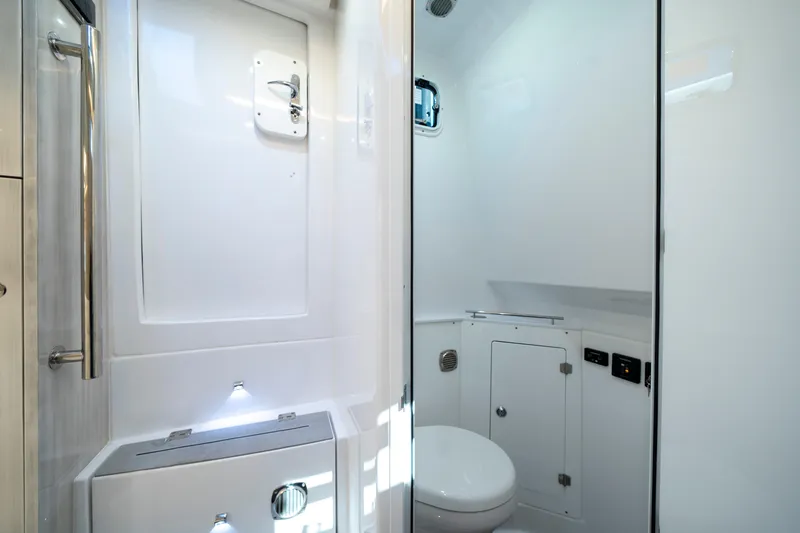 Slide: The Image of Modern bathroom interior of 2027 HCB 42 Lujo boat, featuring sleek design and fixtures. - 55