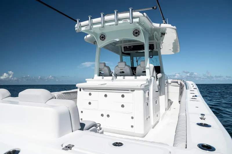 Slide: The Image of 2027 HCB 39 Speciale luxury boat on open sea, featuring sleek design and modern amenities. - 19
