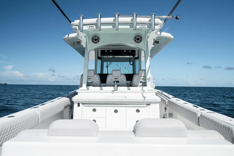 Slide: The Image of HCB 39 Speciale 2027 boat on open sea, showcasing sleek design and spacious deck. - 20