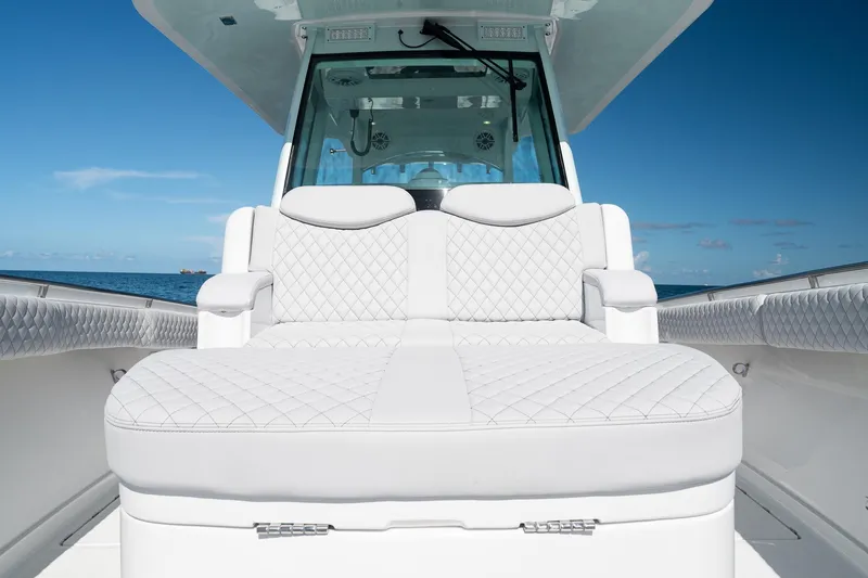 Slide: The Image of Luxury seating on 2027 HCB 39 Speciale boat, featuring elegant diamond stitching. - 31
